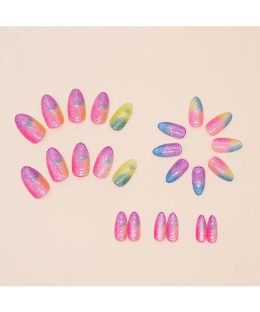 Rainbow Press on Nails - Colorful Almond Shape Fake Nails | Medium Acrylic Nail Tips with Designs | Cute Glue on Nail Decorations for Women - Buy Online on GoSupps.com