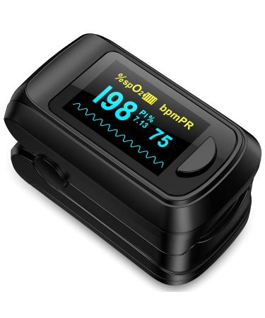 Fingertip Pulse Oximeter Blood Oxygen Monitor Finger for Adult & Children Portable Oxygen Level Monitor with OLED Screen Included 2 X AAA Batteries and Lanyard Black-GB