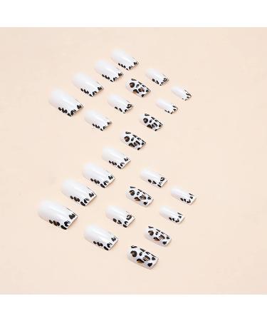 Leopard French Tip Square Acrylic Press On Nails | Silvery White Designs | Glossy Finish | Women & Girls Nail Decor - Style 12 - Buy Online on GoSupps.com