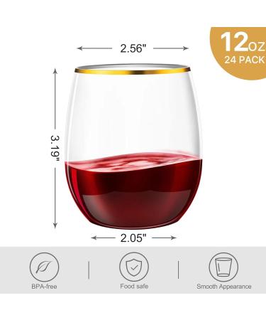 N9R 24 Pack Gold Rim Plastic Wine Glasses - 12oz Disposable Stemless Cups for Parties & Weddings - Buy Online on GoSupps.com