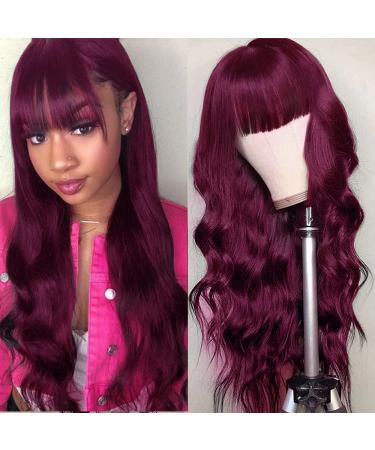 99J Body Wave Wigs With Bangs Virgin Brazilian None Lace Front Wigs Human Hair Wigs 180% Density Glueless Machine Made Human Hair Wigs For Black Women (99J 18 inch, Body) 18 Inch Body99J