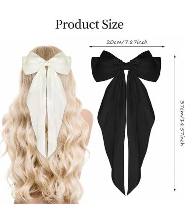 2Pcs Silky Satin Hair Bows Big Hair Bows for Women Hair Ribons Oversized Long Tail White Hair Bow Black Hair Bow Large Hair Ribbon Barrettes Metal Clips Bowknot Aesthetic Hair Accessories - Buy Online on GoSupps.com