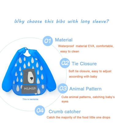 Atopo 3-Piece Waterproof Baby Bibs with Long Sleeves | Feeding Apron for 6-36 Months - Ideal for Eating & Playing - Blue - Buy Online on GoSupps.com