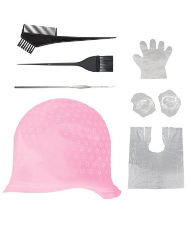 7 Pcs Silicone Highlight Cap Kit Punched Hole Silicone Highlight Hair Cap with Hook Needles Hair Dye Comb Hair Dye Brushes Frosting and Tipping Cap Hair Frosting Cap for Girls Dyeing Hair