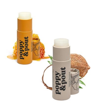 Poppy & Pout Jumbo Lip Balm 2 Pack All Natural Lip Balms & Moisturizers Hydrates with Beeswax Vitamin E Organic Coconut Island Coconut & Wild Honey