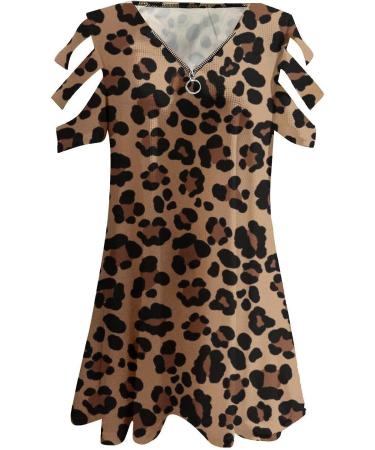 Leopard Print Cold Shoulder Top for Women - Sexy V-Neck Zip Tunic Blouse - Coffee (X-Large) - Buy Online on GoSupps.com
