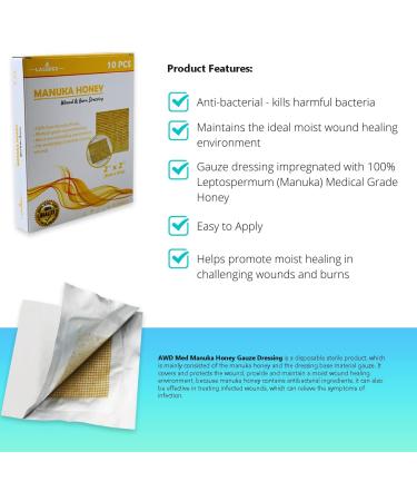AWD Manuka Honey Gauze Dressing - Medical Grade Honey Patches for Wound Care - 2 x 2 Inches, 10 Count - Buy Online on GoSupps.com