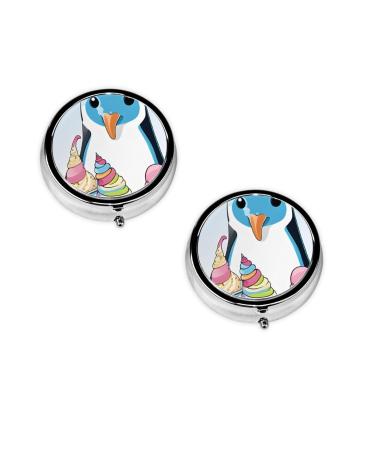 (Penguins) Round Pill Box 3 Compartment Pill Box Mini Decorative Pocket Purse Portable Travel Medicine Tablet Vitamin Holder Organizer Pill Case