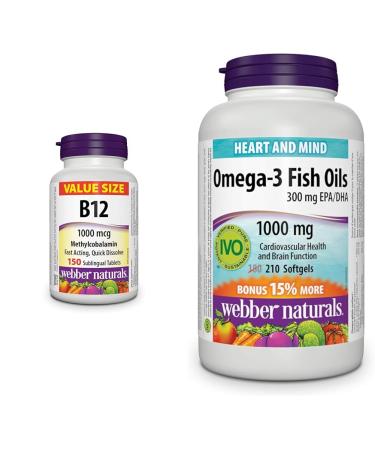 Webber Naturals Vitamin B12 1000 mcg Quick Dissolve 150 Tablets Supports Energy Production & Omega-3 Fish Oil 1 000 mg 210 Softgels Supports Cardiovascular Health and Brain Function VITAMIN + SUPPLEMENT 03872 150 count (Pack of 1)