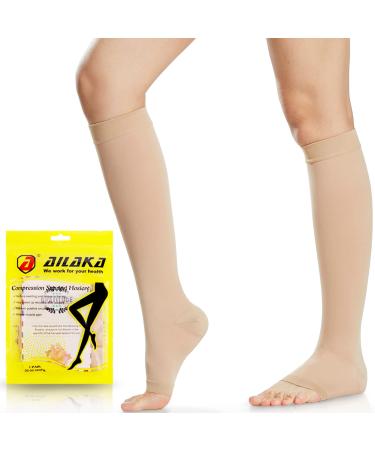 Ailaka 20-30 mmHg Knee High Open Toe Compression Calf Socks for Women and Men Firm Support Graduated Varicose Veins Hosiery Travel Nurses Pregnancy Recovery (Beige X-Large) X-Large (1 Pair) Beige