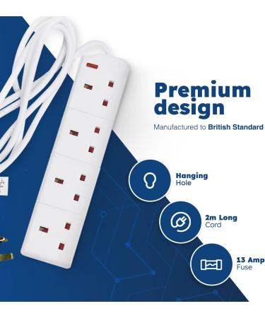 DESIRETECH White Electric Extension Lead 4 Gang 2 Metre | 2m Long Cable | UK Plug 3 Pin Socket Outlet & Dr. Beckmann Carpet Stain Remover | Removes New and Dried-in Stains | Includes Applicator Brush - Buy Online on GoSupps.com