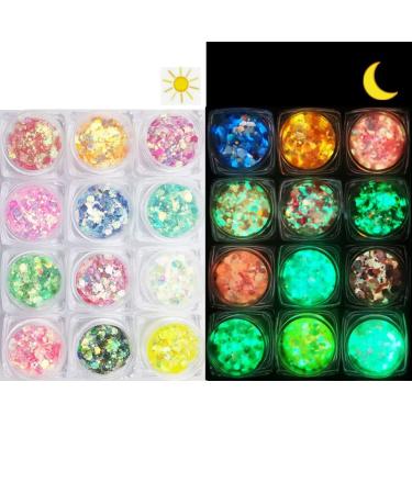 Glow in The Dark Body Face Glitter Gel 12 Colors Luminous Iridescent Chunky Glitter for Halloween Makeup Self-Adhesive UV Black Light Glitter for Body/Face/Hair/Lipgloss/Holographic Eyeshadow 01