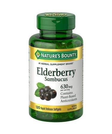 Nature's Bounty Sambucus Elderberry Herbal Supplement  Rapid Release Softgels  630 mg per Serving  120 Count 120 Count (Pack of 1)