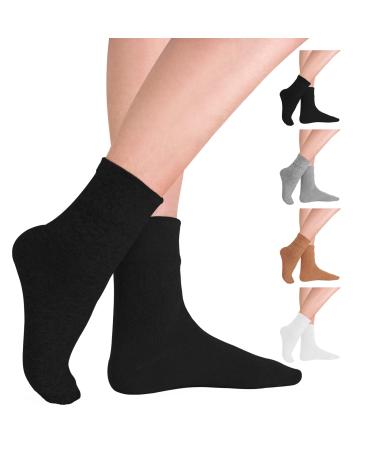 4-Pair Diabetic Socks for Women Loose Fit Cotton Crew Socks Above Ankle with Wide Non-Binding Top for Circulatory Neuropathy 9-12 ABlack/White/Grey/Brown