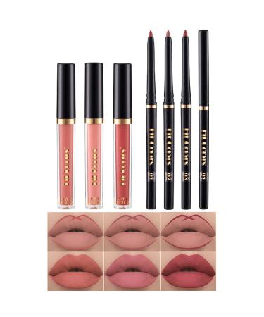 Lip Liner and Lipstick Set  3 Velvety Matte Liquid Lipsticks + 3 Matching Smooth Lip Liner Pens  One Step Lips Makeup Kits Nude Lip Stain for Black Women Waterproof Long Lasting 24 Hours (A)