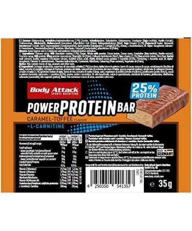 Body Attack Caramel Toffee Protein Bar - 24 x 35g - Low Fat High Protein Vitamins & L-Carnitine - Made in Germany - Buy Online on GoSupps.com