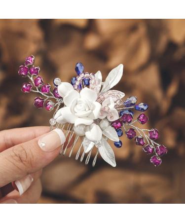 IYOU Flower Wedding Hair Comb Pink Crystal Hair Accessories Leaf Pearl Prom Bridal Headpiece for Women