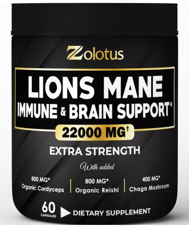 Lions Mane Mushroom Complex Capsules Equivalent to 22000mg with Cordeyceps Reishi Elderberry Ginkgo Biloba Bacopa Focus Memory and Brain Support Supplement Immune Support Energy Pills 60 Count (Pack of 1)