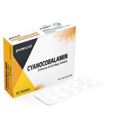 PuroSure Vitamin B12-50 Tablets (7 Weeks Supply) Cyanocobalamin B12 50mcg Supplement - Contributes to The Reduction of Tiredness and Fatigue 50 count (Pack of 1) - Buy Online on GoSupps.com