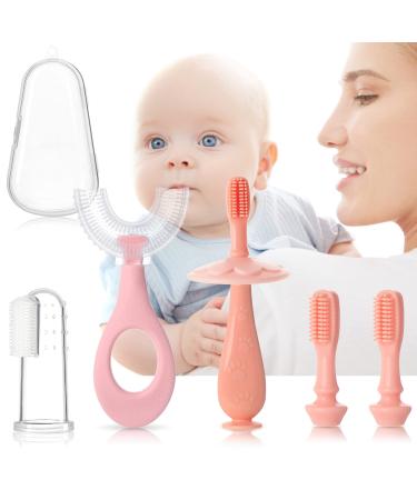 SYNPOS 6 in 1 Baby Infant Toothbrush Set Toddler Finger U-Shaped Toothbrush Training Tooth Brush Toothbrush 0-24 Months 2 3 4 5 6T Old Extra Soft Bristles Pink-style1