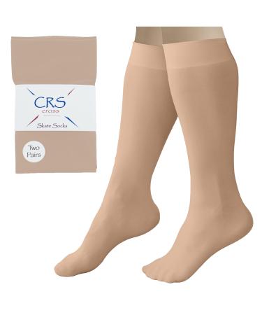 CRS Cross Figure Skating Socks (2 Pair) Knee High Tights for Ice Skates, Footed Skate Socks, Dance Tights Twizzle Tan