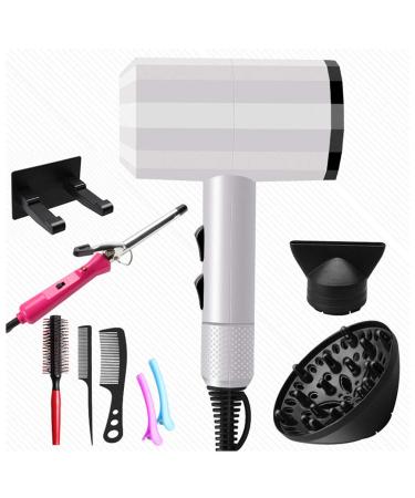 2000W Hair Dryer Set Professional Hair Dryer Travel Hairdryer Curling Wand with 9 Pieces of Accessories 2 Speed 3 Heat Negative Ions Overheat Protection Salon Tools Household for Salon Home White