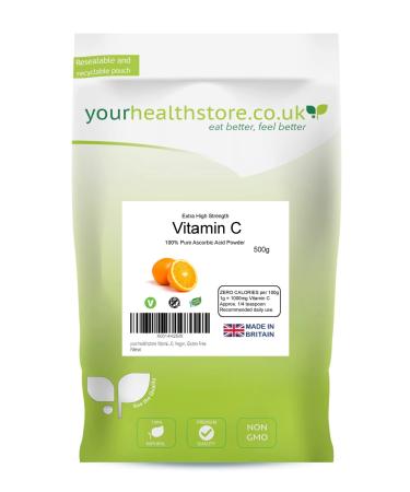 yourhealthstore Vitamin C Powder 500g Extra High Strength Ascorbic Acid 100% Pure British Pharmaceutical Grade Non-GMO Vegan Gluten Free.