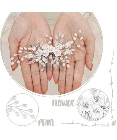 Edary Silver Flower Bridal Hair Comb Pearl & Crystal Hairpiece for Weddings | Elegant Leaf Accessories for Women & Girls - Buy Online on GoSupps.com