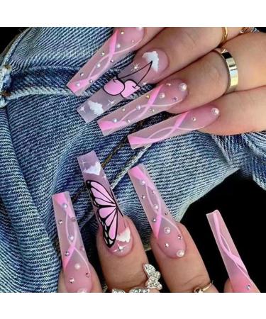 24Pcs/Set Long Ballet Pink Butterfly Diamonds False Nails Acrylic Fake Nails Full Cover Nails Tips Artificial Finger Manicure Press on nails for Women and Girls
