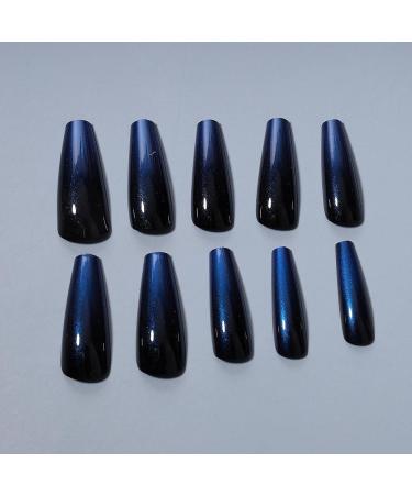 Yheakne Extra Long Coffin Ombre Press-On Nails | Shiny Ballerina Clip-On | Luxurious Blue & Black Gradient | 24-Piece Complete Set (Style B) - Buy Online on GoSupps.com