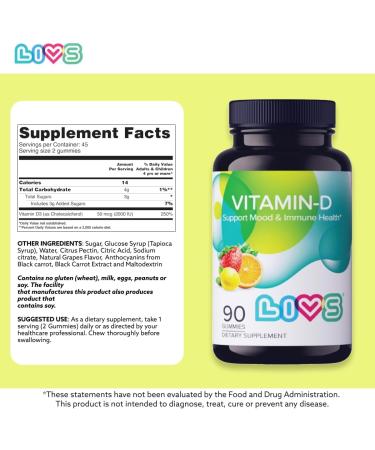 LIVS Vitamin D Gummies 2000 IU Vitamin D3 for Immune Support Bone & Teeth Health | Adult & Kids Vitamin D Supplement | Natural Lemon Berry & Orange Flavor | Gluten-Free | 90 Count/45 Servings Vitamin D 90 Count (Pack of 1) - Buy Online on GoSupps.com