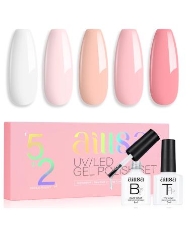 AILLSA Pink Gel Nail Polish Set French Manicure White Pink Nude Gel Polish with Base and Top Coat Light Baby Pink Colors Nail Polish Gel Neutral Soak Off U V Gel Starter Kit Gifts Nail Art Salon DIY A4-white Pink