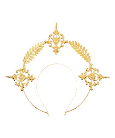 Miaija Halo Goddess Crown Headband Halloween Costume Headpiece with Leaves Jewelry Glittering Gold Hair Accessories for Women Girls Wedding Party
