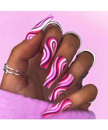 Brishow long artificial nails pink nails to stick on curve press on nails ballerina acrylic wrong nails 24 pieces for women and girls
