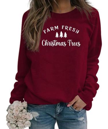Women Christmas Sweatshirt 2022 | Fall Xmas Print Long Sleeve Pullover | Casual Tee Shirt Dress | Wine M - Buy Online on GoSupps.com