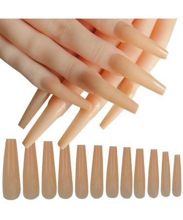 LuckForever 120pc XL Coffin False Nails Colored Beige Press on Nail Extra Long Ballerina Nail Art Tips Full Cover 12 Sizes Manicure DIY Decor for Women Kids Girls