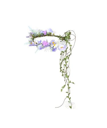 DreamLily Boho Wedding Floral Crown Woodland Fairy Crown Flower Girl rose Crown Hair Wreath with Tail DFS28 (Lavender)