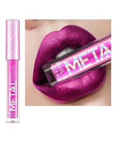 ENGBO 12 Colors Metallic Liquid Lipstick Lip Gloss Non-Stick Cup Lip Glaze Makeup Pearl Beauty Makeup (05-AMETHYST)