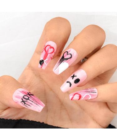 Sethexy Handmade Long Coffin False Nails - Shiny Heart Design Acrylic Nail Art for Women & Girls Salon Quality Removable & Funny - Buy Online on GoSupps.com