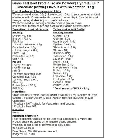 Grass Fed Beef Protein Isolate 95% - HydroBEEF | Chocolate Stevia Flavour (1kg) Chocolate 1kg - Buy Online on GoSupps.com