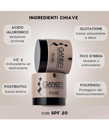 MAJ ITALY SRL GANLIFE Liquid Day Cream for the Face with Antioxidants For Normal and Combination Skin Protective Cream with SPF20 With Hyaluronic Acid Glutathione Vitamin E 50 ml - Buy Online on GoSupps.com