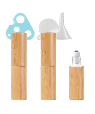 Zeoabsy 3 piece empty 5 ml clear glass bottles with bamboo bowl nature bamboo roll-on glass bottles with stainless steel scooters 1 x funnel 1 x opener for essential essential oil aromatherapy 5ml