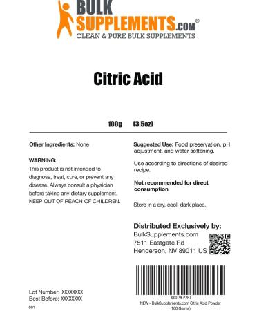BulkSupplements Citric Acid Powder - Food Grade Descaler & Sour Powder for Bath Bombs & Cleaning (100g - 3.5oz) - International Shipping Available - Buy Online on GoSupps.com