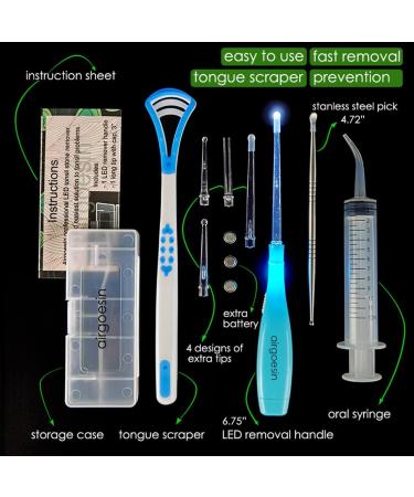 Airgoesin Professional Tonsil Stone Remover Tool with LED Light - Stainless Steel Oral Care & Irrigation Syringe - Blue Tongue Cleaner Scraper - Buy Online on GoSupps.com