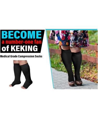KEKING Extra Wide Calf Compression Socks 20-30 mmHg for Men & Women - Plus Size Open Toe Knee High Support Hose for Varicose Veins & Pain Relief - Black 5XL - Buy Online on GoSupps.com