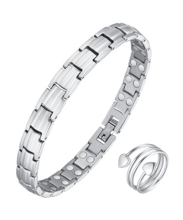 Vicmag Lymphatic Drainage Magnetic Bracelets for Women Titanium Steel Double Rows Magnetic Brazaletes Adjustable with Removal Tool and Gift Box (Silver)
