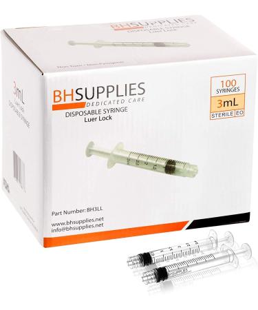 3ml Syringe Sterile with Luer Lock Tip - 100 Syringes by BH Supplies (No Needle) Individually Sealed