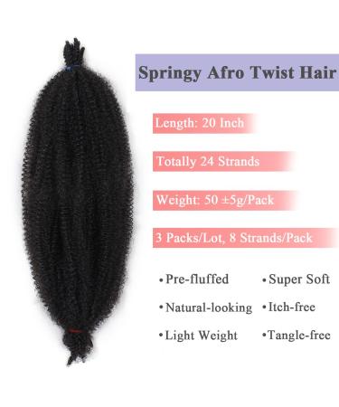 LEEVE 20 Inch Springy Twist Hair - Pre-Separated 3 Packs for Marley Locs & Braiding | Afro Kinky Extensions (1B) - Buy Online on GoSupps.com