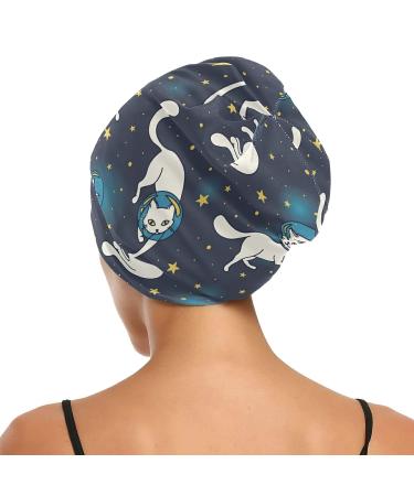 ZZAEO Cute Cat Astronauts Space Float Sleep Cap | Double Layer Satin Bonnet for Women - Buy Online on GoSupps.com