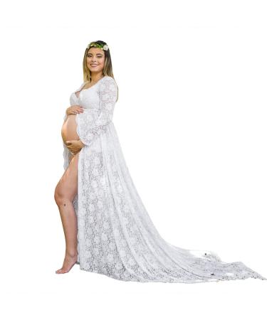 Robe de maternit pour s ance photo - Manches longues - En dentelle - Mode de grossesse - Pour femmes enceintes - l gante - Dos creux - Robe d' t solide XL Blanc.